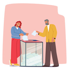 Two People Characters Casting Their Votes At A Polling Station. The Image Conveys A Sense Of Civic Duty, Participation