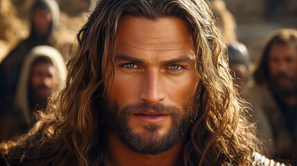 The man with long hair and a beard expresses intense emotions amidst a crowd in a dusty, outdoor setting