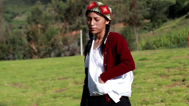  una feliz campesina cauc&aacute;sica hablando por tel&eacute;fono inteligente puesta una chopa tejido a mano .campesina con ropa t&iacute;pica artesan&iacute;a peruana a mano en un atardecer en los Andes peruanos. Campesina