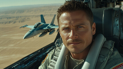 A fighter pilot confidently maneuvers his aircraft while another jet flies in the background against a vast desert setting