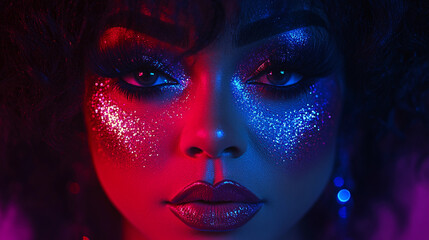 A woman with stunning makeup showcasing glittering highlights and bold colors, perfectly capturing the essence of a festive evening