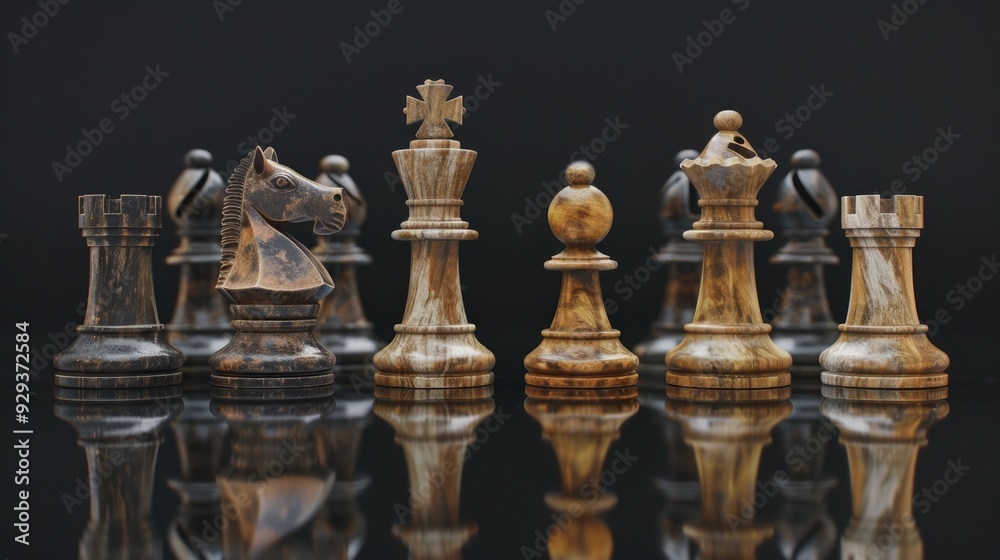 Aufkleber a group of chess pieces arranged on a table, ready for play or display