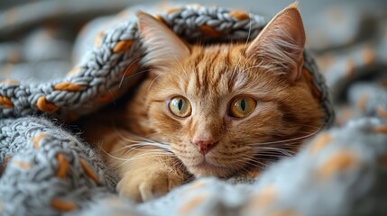 A close-up portrait of a ginger cat wrapped in a cozy grey knitted blanket.