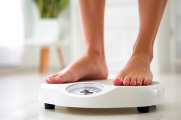 Fototapeta premium Woman's feet on an analog scale in a bright, minimalistic home setting, focusing on daily health tracking and wellness routines
