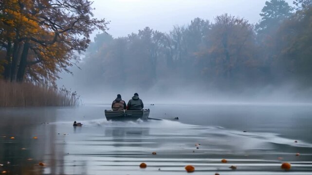 This Two men row a small boat through a misty lake in autumn, surrounded by trees.