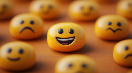 Obraz premium A cheerful smiley stone is surrounded by neutral and sad stones on a wooden table, highlighting emotions and expressions in a vibrant display