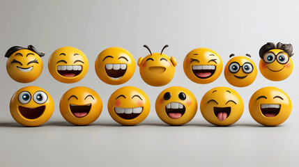 A vibrant assortment of yellow emoticons displaying happiness, surprise, and joy arranged neatly on a smooth surface
