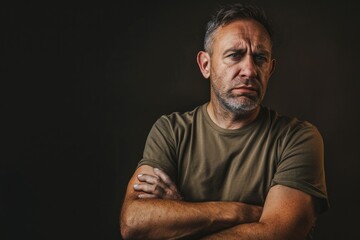 Obraz premium A person standing with their arms crossed on a dark background