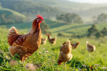 Fototapeta premium Group of chickens standing on top of a lush green field, perfect for farm or rural themed images