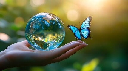 Hand holding a glass globe with a blue butterfly resting on it.