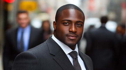 Fototapeta premium A well-dressed man strolls confidently through a busy city, blending into the professional atmosphere with colleagues in the background
