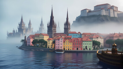 Obraz premium Magical Port City with Generative AI