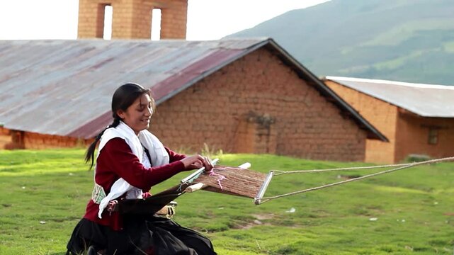 Mujer peruana campesina atractiva  trabajando en la producci&oacute;n tradicional de tejido de manta lana hecha a mano.Cercano al tejido en Per&uacute;.