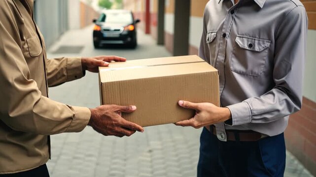Excitement fills the air as two neighbors meet in a lively urban setting, sharing a perfectly wrapped package with smiles and friendly conversation