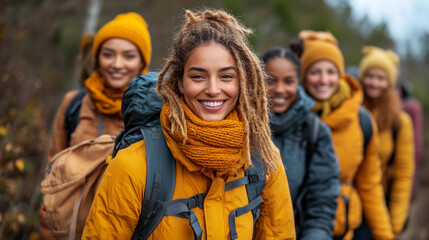 Six friends wearing matching yellow outerwear hike together, smiling as they explore a scenic mountainous trail