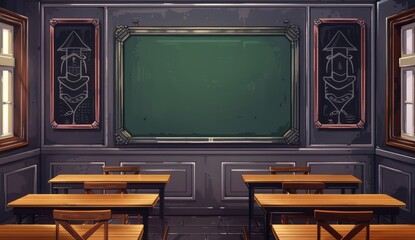 Digital classroom design, green chalkboard, dark grey walls with platinum borders, wooden desks, framed black art