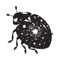 silhouette of Ladybug, filled with space and sci-fi element in rough drawing, animal,