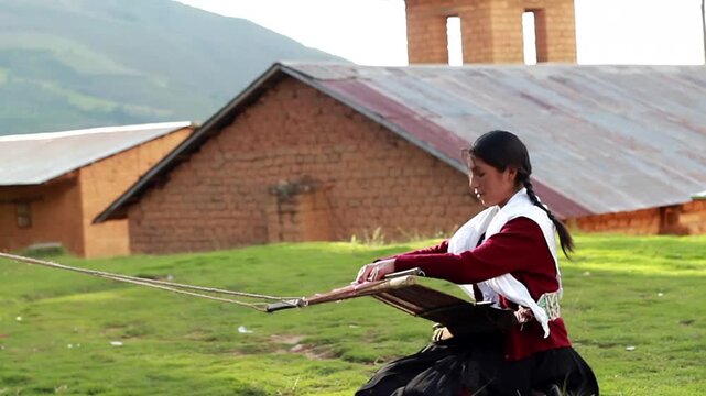 Mujer peruana campesina atractiva  trabajando en la producci&oacute;n tradicional de tejido de manta lana hecha a mano.Cercano al tejido en Per&uacute;.