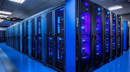 A spacious data center featuring multiple server racks with vibrant blue lighting, showcasing advanced technology and efficient cooling systems