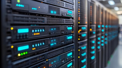 Fototapeta premium Rows of data servers are illuminated with blue and orange lights in a bustling data center environment, highlighting their importance in information technology