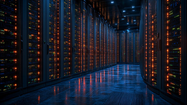 The server room features rows of servers with illuminated lights, creating a futuristic atmosphere in a data center - Powered by Adobe
