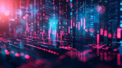 A high-tech digital visualization of stock market data with red and blue candlestick