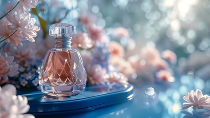A stylish perfume bottle sits elegantly on a blue pedestal surrounded by soft pink and white flowers