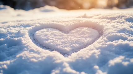 Heart shape drawn in white snow with a blurred background of trees and sunlight.