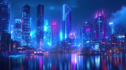 A futuristic cityscape with glowing blue and purple towers, their neon lights reflecting across the water, evoking a cyberpunk fantasy world