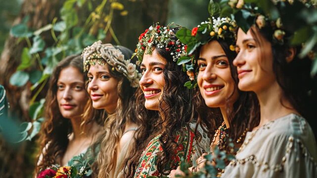 A group of women adorned in floral crowns and beautiful attire joyfully connects with nature, sharing smiles and laughter among the greenery