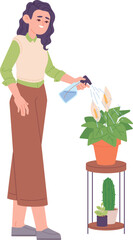 Woman spray water on houseplant. Urban jungle care