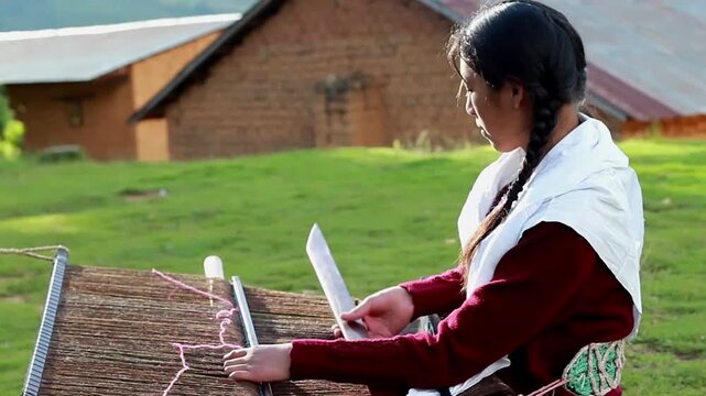 Mujer peruana campesina atractiva  trabajando en la producci&oacute;n tradicional de tejido de manta lana hecha a mano.Cercano al tejido en Per&uacute;.