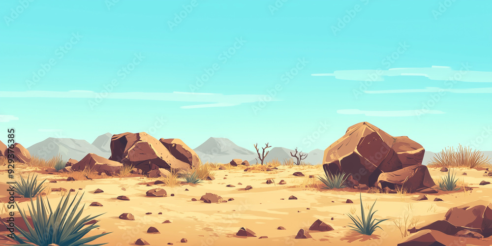 Wall mural Dry, dusty plain with scattered rocks and sparse, thorny vegetation, flat illustration