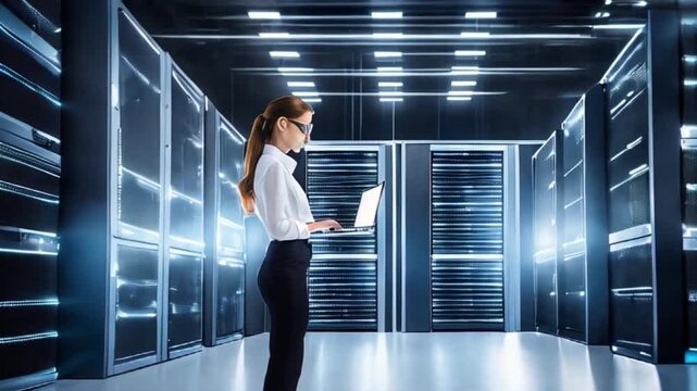 3Dグラフィックスを使用しビッグデータセンターで情報のデジタル化を進める女性CTOの姿