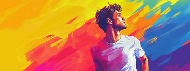 Young man with a beard looking into the distance against a vibrant, multicolored abstract background.