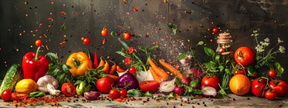 Dynamic explosion of fresh vegetables and spices on a dark background