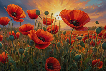 Fototapeta premium a painting of a field of red poppies