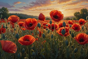 Fototapeta premium a painting of a field of red poppies
