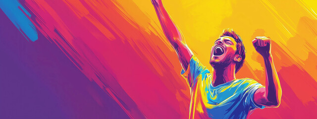 Young man in colorful celebration pose with arms raised, against a vibrant abstract background.