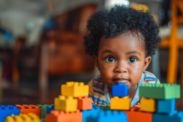 A lifestyle photograph of a young African American toddler playing with colorful wooden block toys