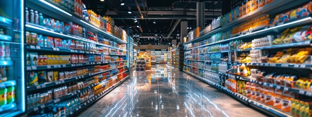 Obraz premium Vibrant grocery store aisle showcasing a wide variety of products under bright lights