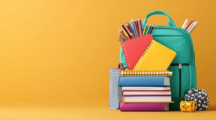 A back-to-school backpack surrounded by art supplies like colored pencils, paintbrushes, and glue on a transparent background