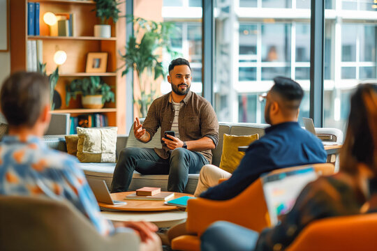 A male tech founder leads a casual team meeting in a modern office lounge, fostering a relaxed and collaborative work environment