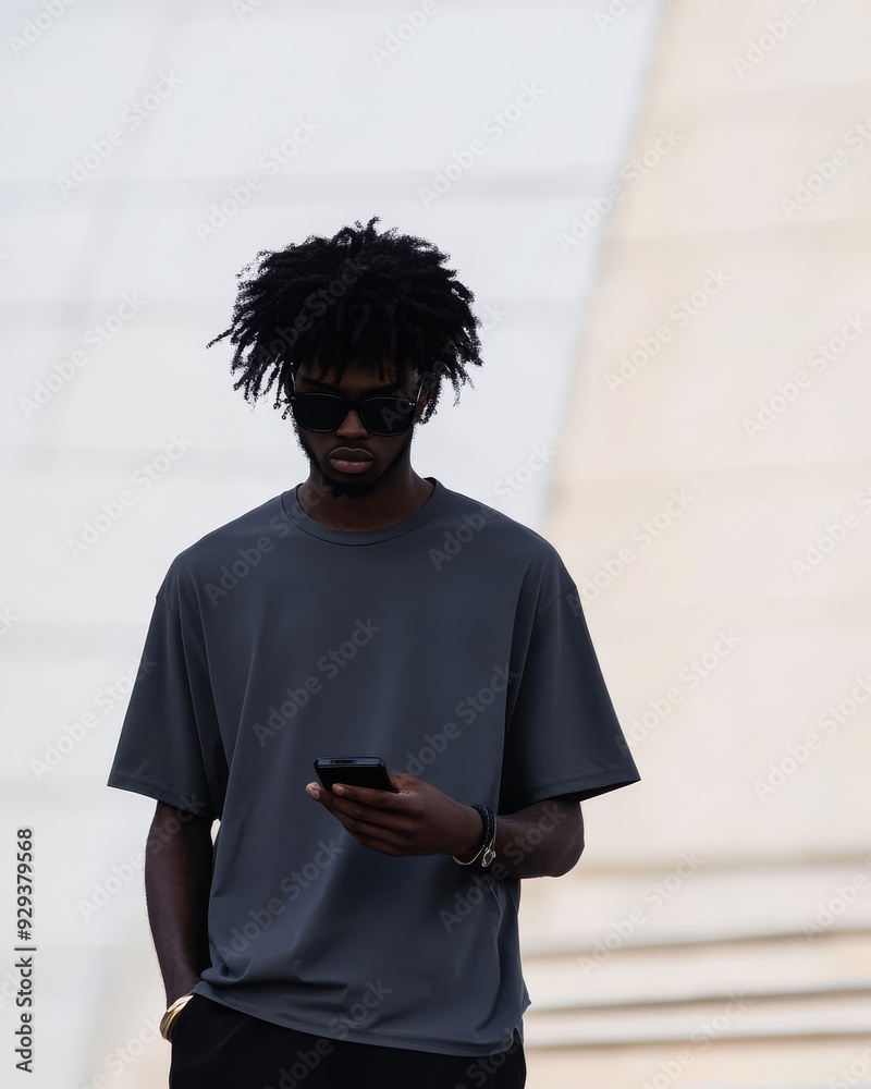 Canvas Prints Young man in a gray t-shirt looks at his phone with a thoughtful expression