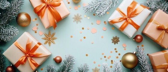 Festive Christmas Gift Boxes with Pine Branches and Ornaments
