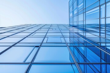 A tall glass building with a blue sky in the background