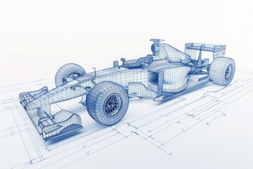 A detailed blueprints of a racing car on a white background