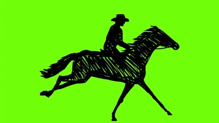 2d Animation line drawing of a rodeo cowboy riding horse stallion or pony racing running galloping side view on white, black and green screen in 4k ultra-high-definition.

