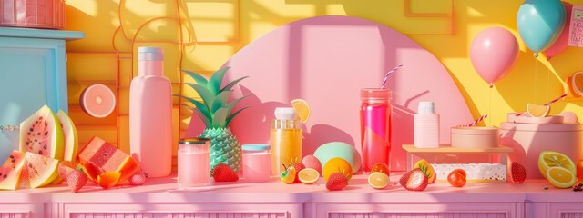 Colorful summer drinks and fruits on a bright, playful background