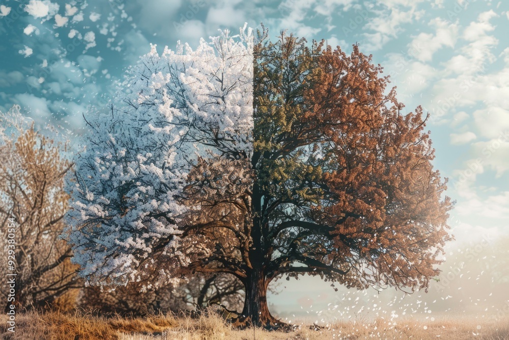 Poster two trees stand tall in a green field with a bright blue sky in the background